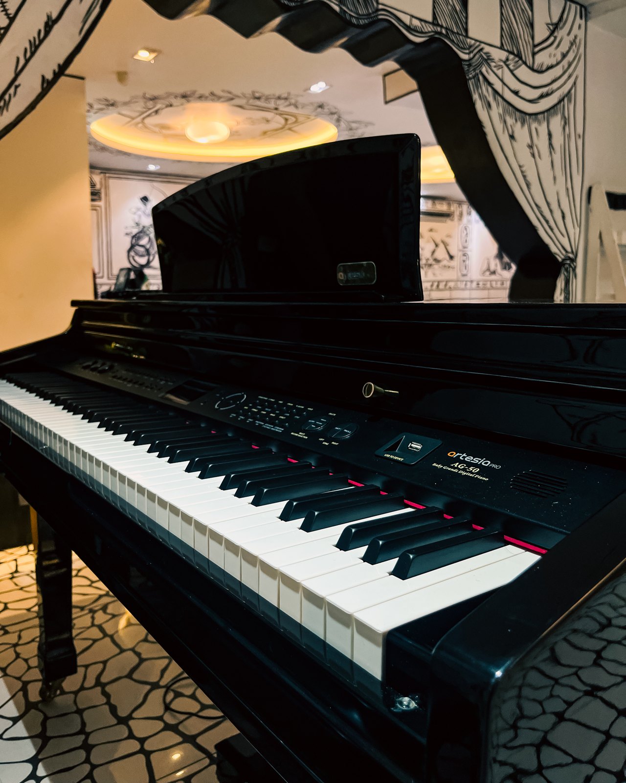 Piano and illustrated walls